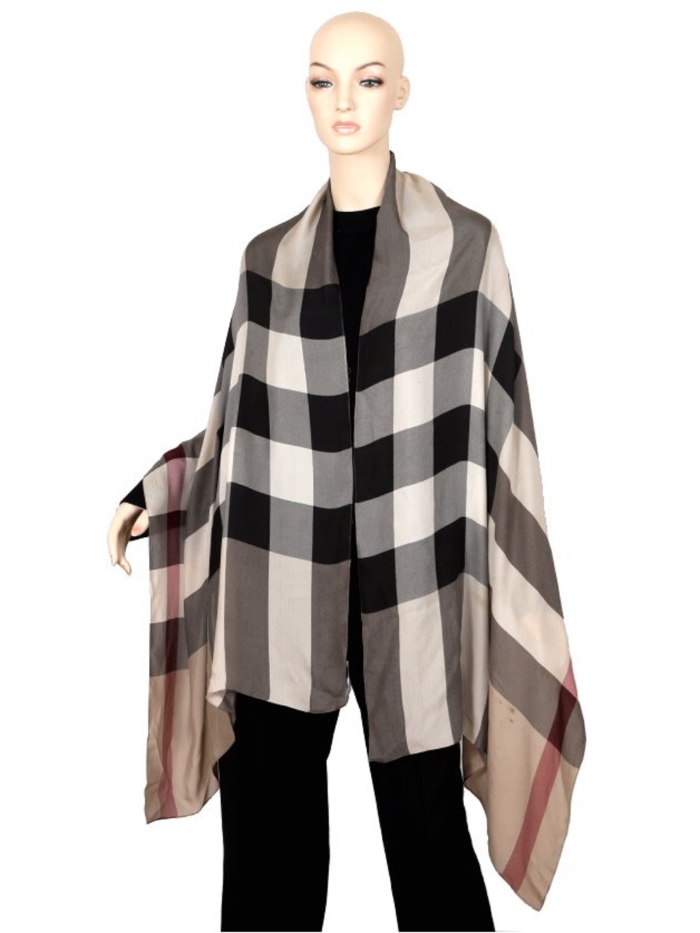Burberry Neutral Plaid Wrap Scarf with Subtle Maroon Stripe